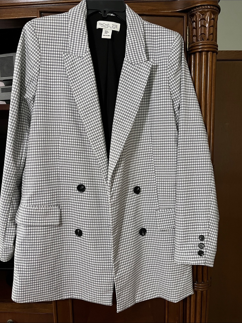 Rachel Zoe Black & White Checked Double-Breasted Blazer Jacket